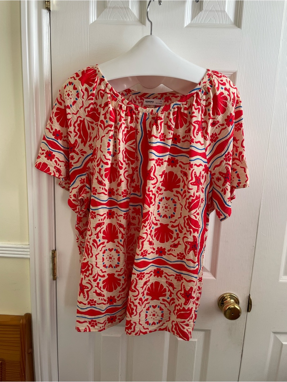 Kohl's Red and White Floral Peasant Tunic with Blue Stripe Accents